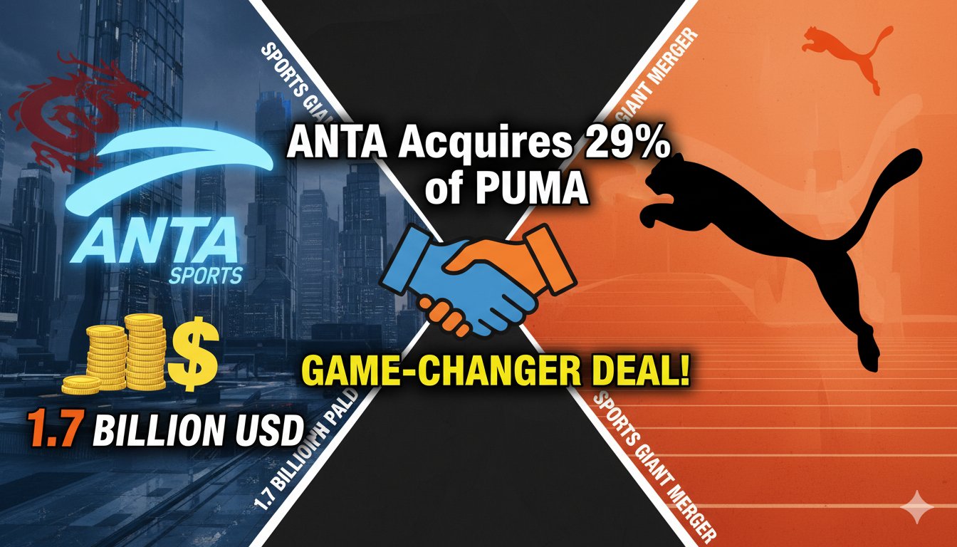 ANTA Sports and Puma logos superimposed on a global map highlighting China and Germany.