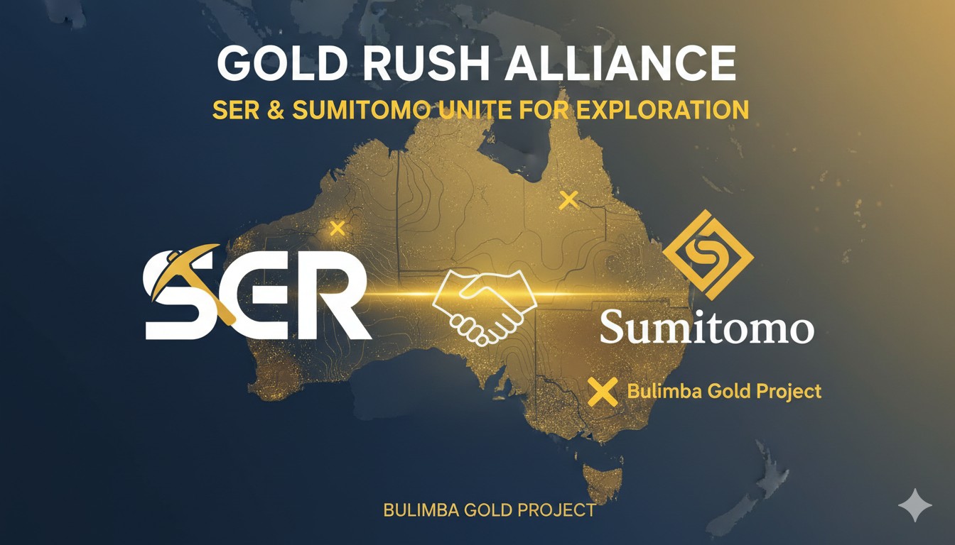 Aerial view of gold exploration site in Queensland Australia with drilling equipment and rugged terrain