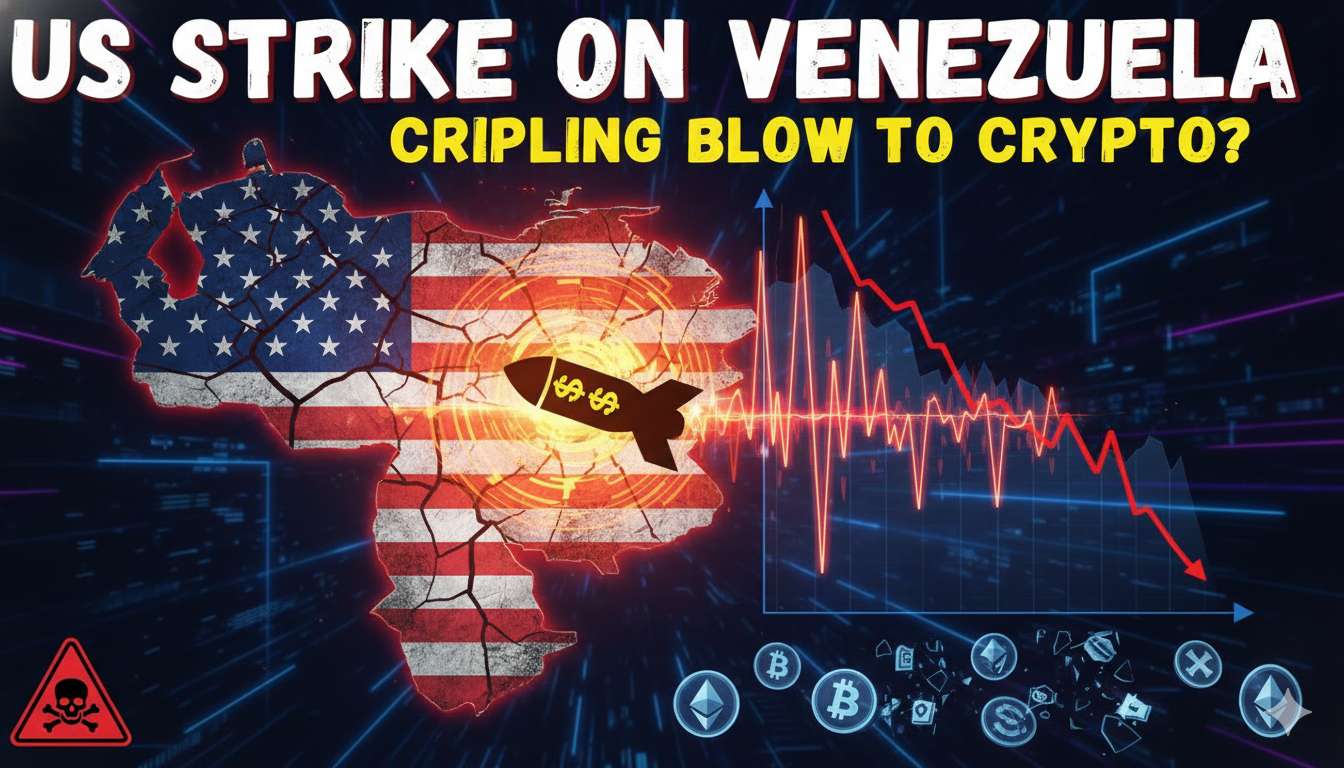 Graph showing cryptocurrency price drops with overlaid map of Venezuela and US flags