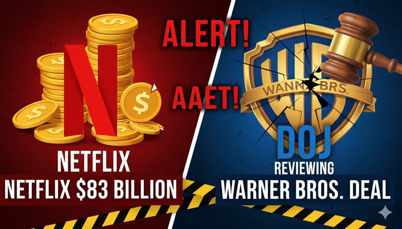 A symbolic representation of a corporate merger in the entertainment industry featuring abstract elements of streaming icons and legal documents.