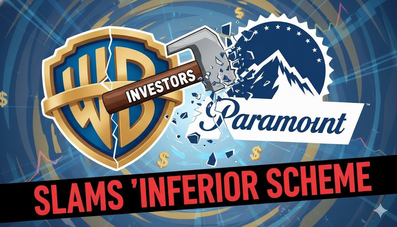Group of investors discussing financial charts with Warner Bros. Discovery and Paramount logos in the background