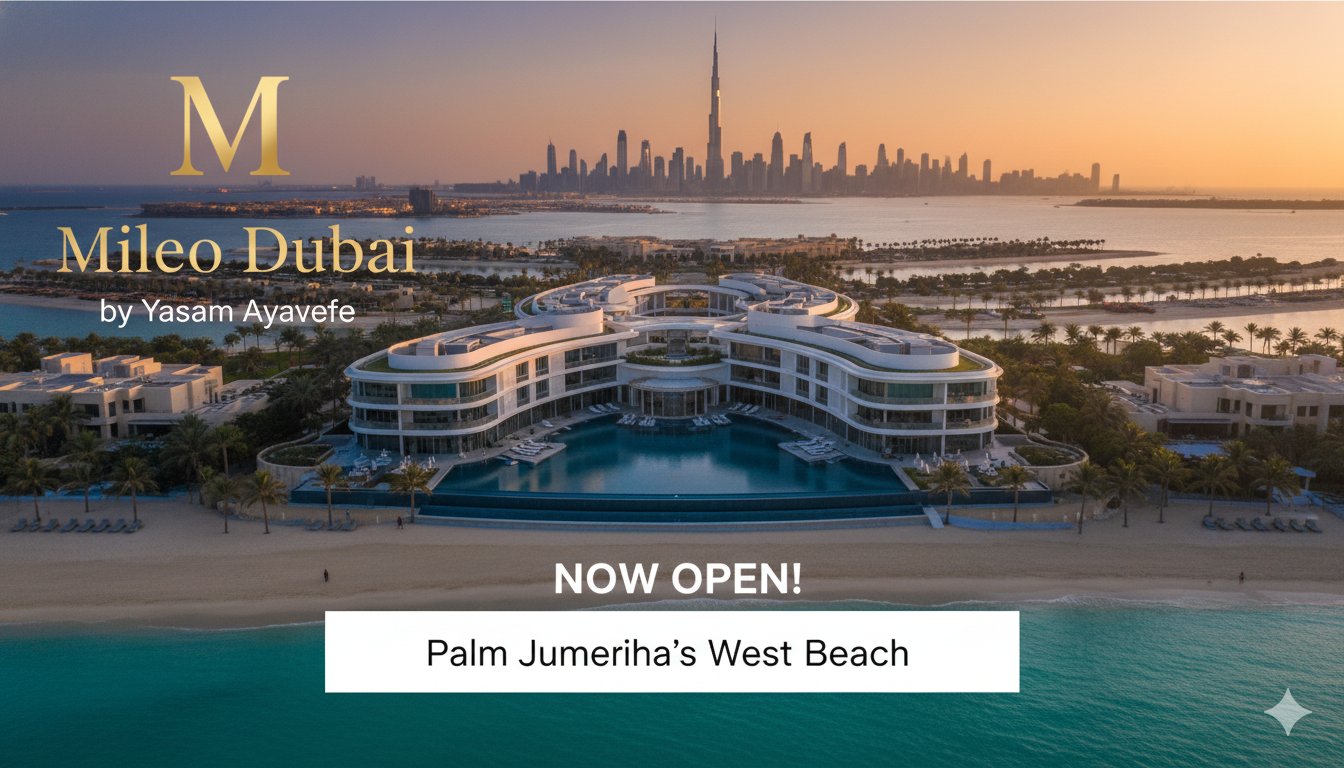 Aerial view of Mileo Dubai hotel on Palm Jumeirah's West Beach with infinity pool and Marina skyline