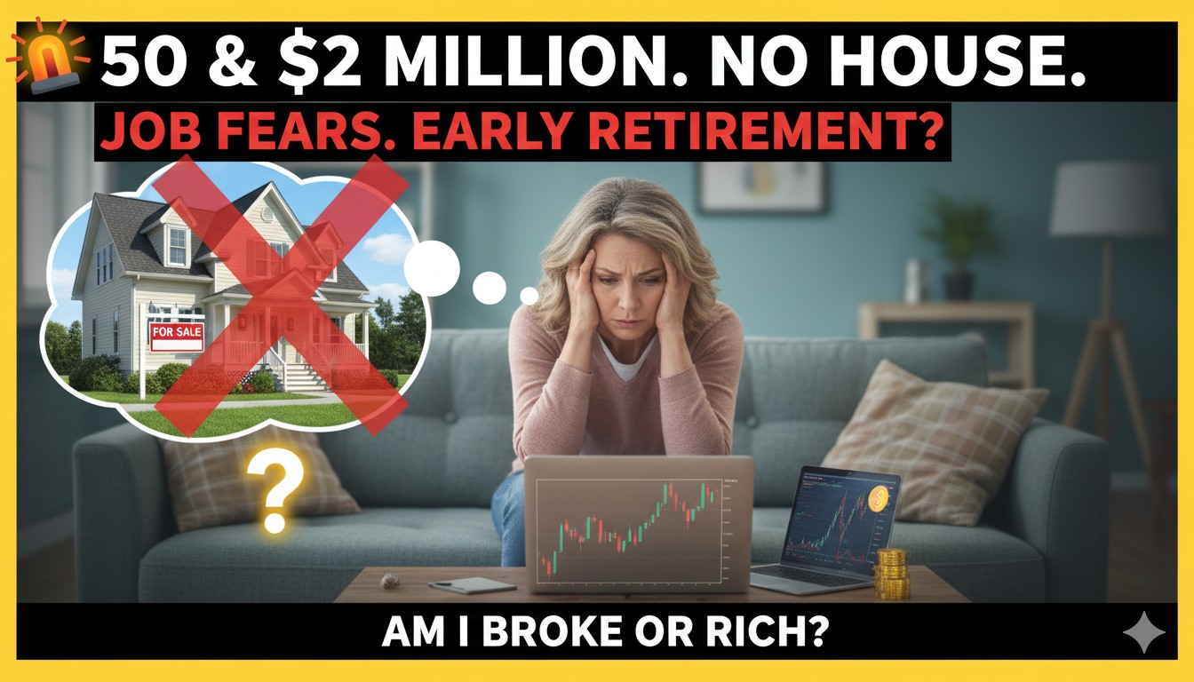 A contemplative 50-year-old professional reviewing financial charts on a laptop, with a city skyline in the background symbolizing urban renting and economic uncertainty.