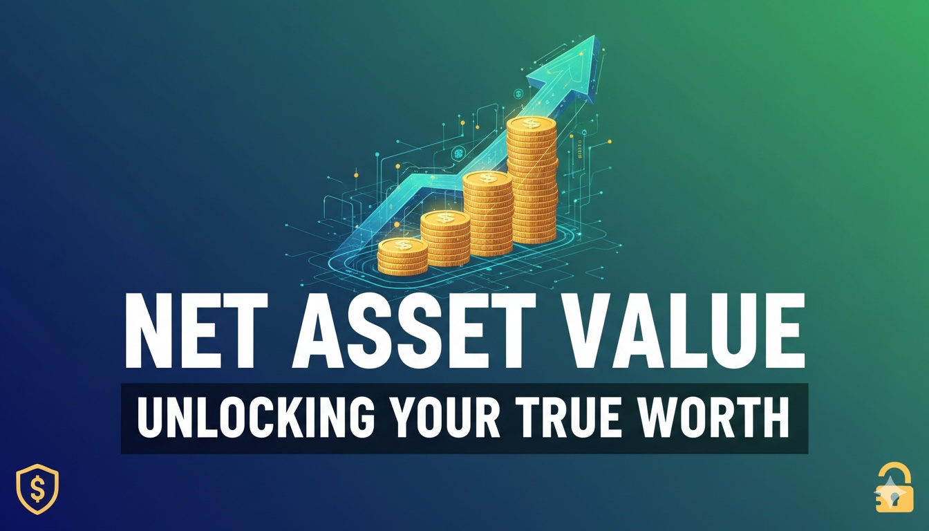 Illustration of a digital financial dashboard displaying Net Asset Value calculation for a mutual fund or ETF, with assets, liabilities, and per-share value highlighted.