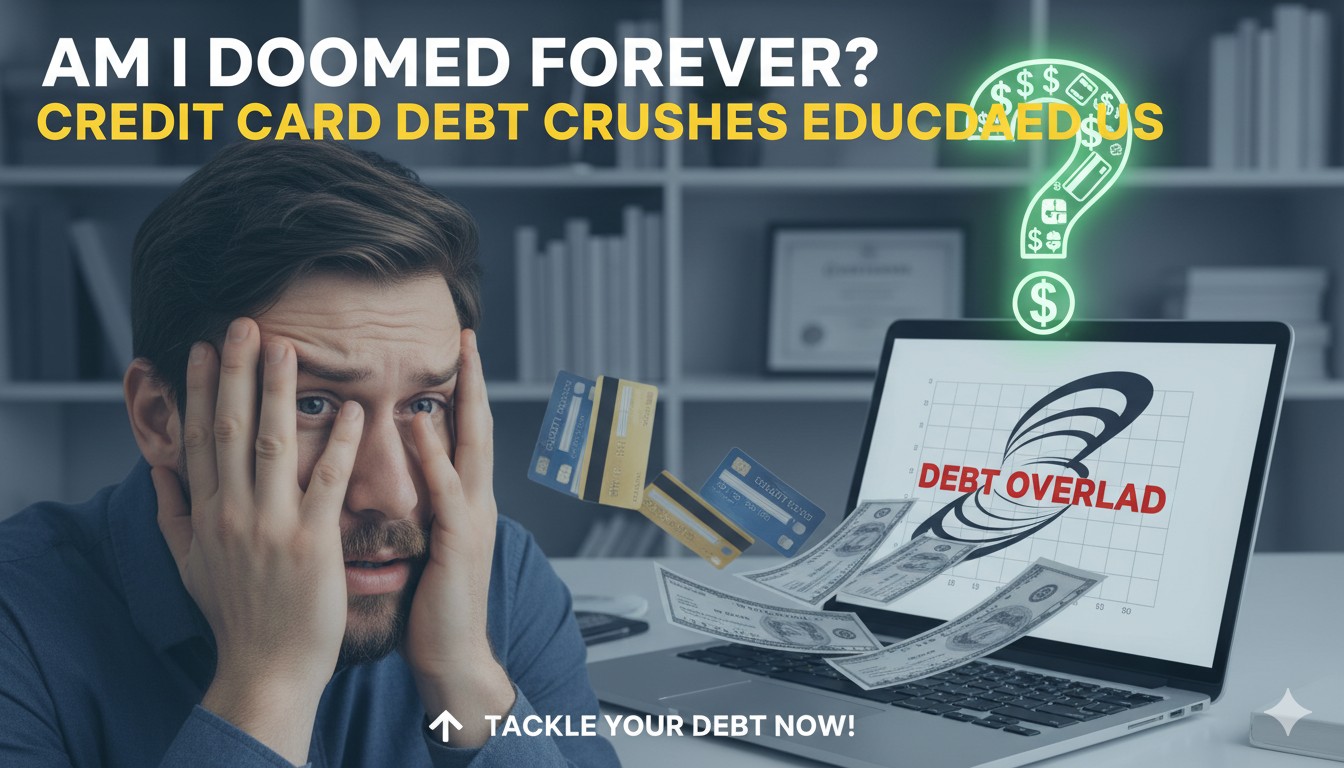 Stressed professional surrounded by credit card statements and bills