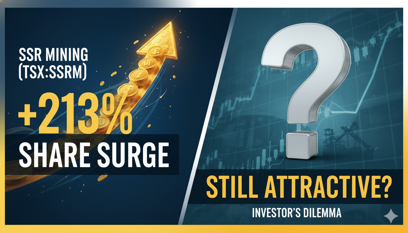 A line chart showing SSR Mining's share price surge over the past year against a backdrop of gold bars and mining equipment.
