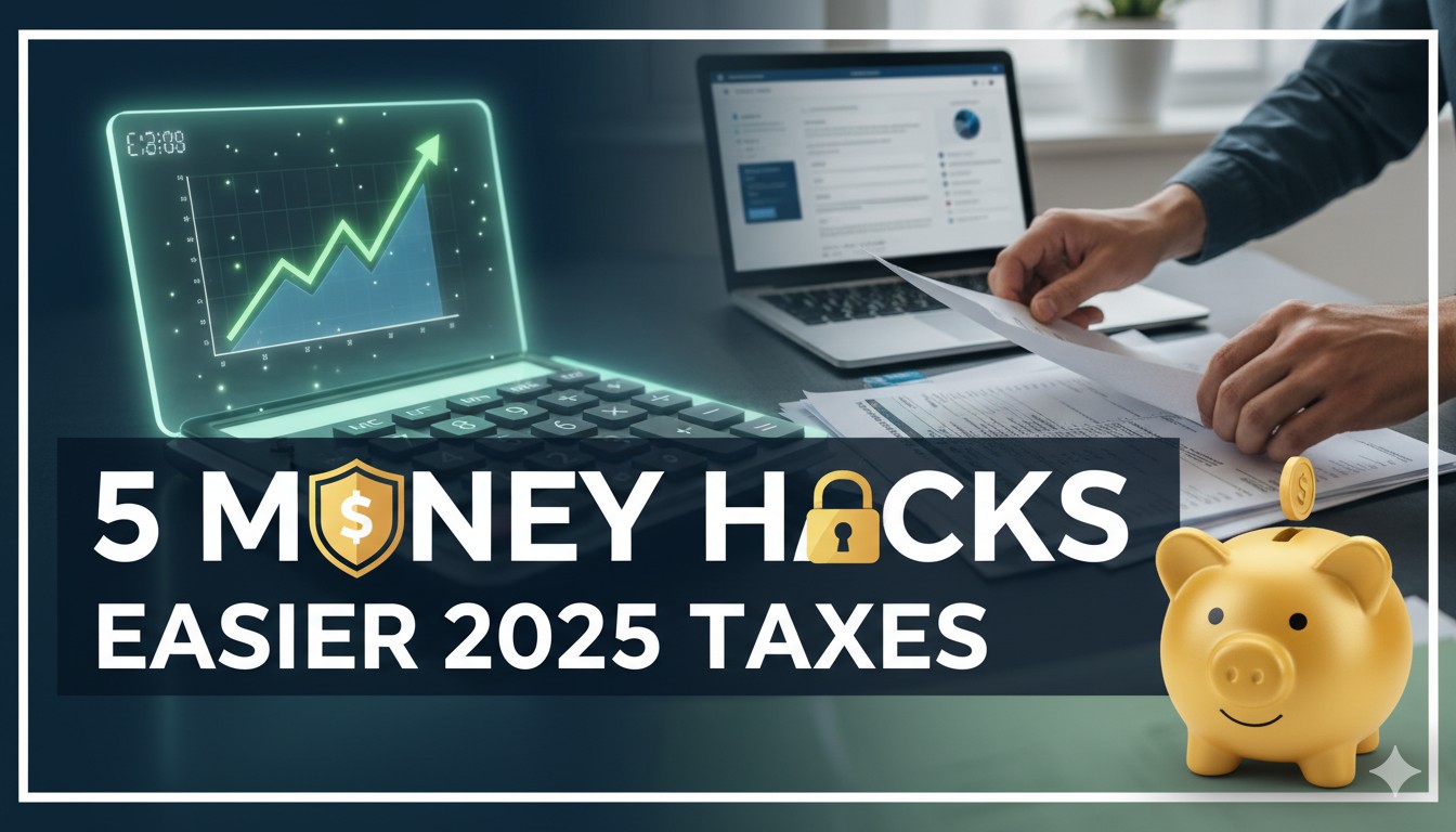 Person organizing tax documents on a laptop with charts and calculators in the background