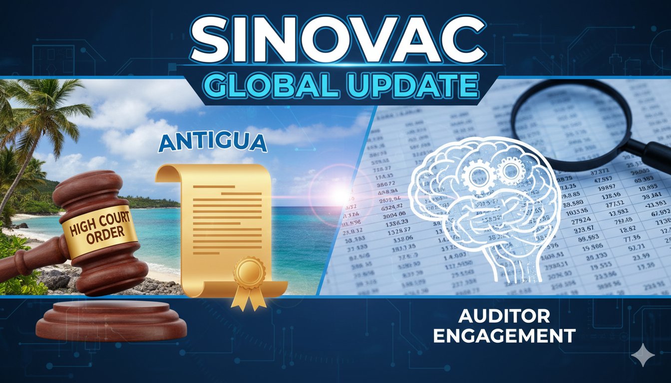 Illustration of a gavel on a corporate document with vaccine vials in the background