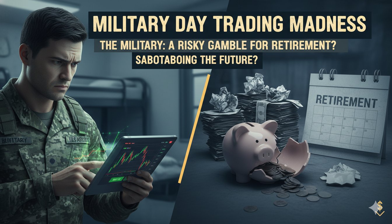 A soldier in uniform checking stock charts on a smartphone against a backdrop of financial graphs and military insignia.