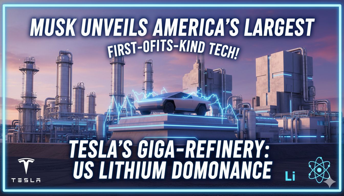 Expansive view of Tesla's lithium refinery facility in Texas with industrial processing structures and surrounding landscape.