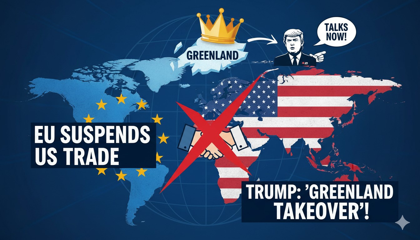 President Donald Trump speaking at Davos with EU flags in background amid trade tension