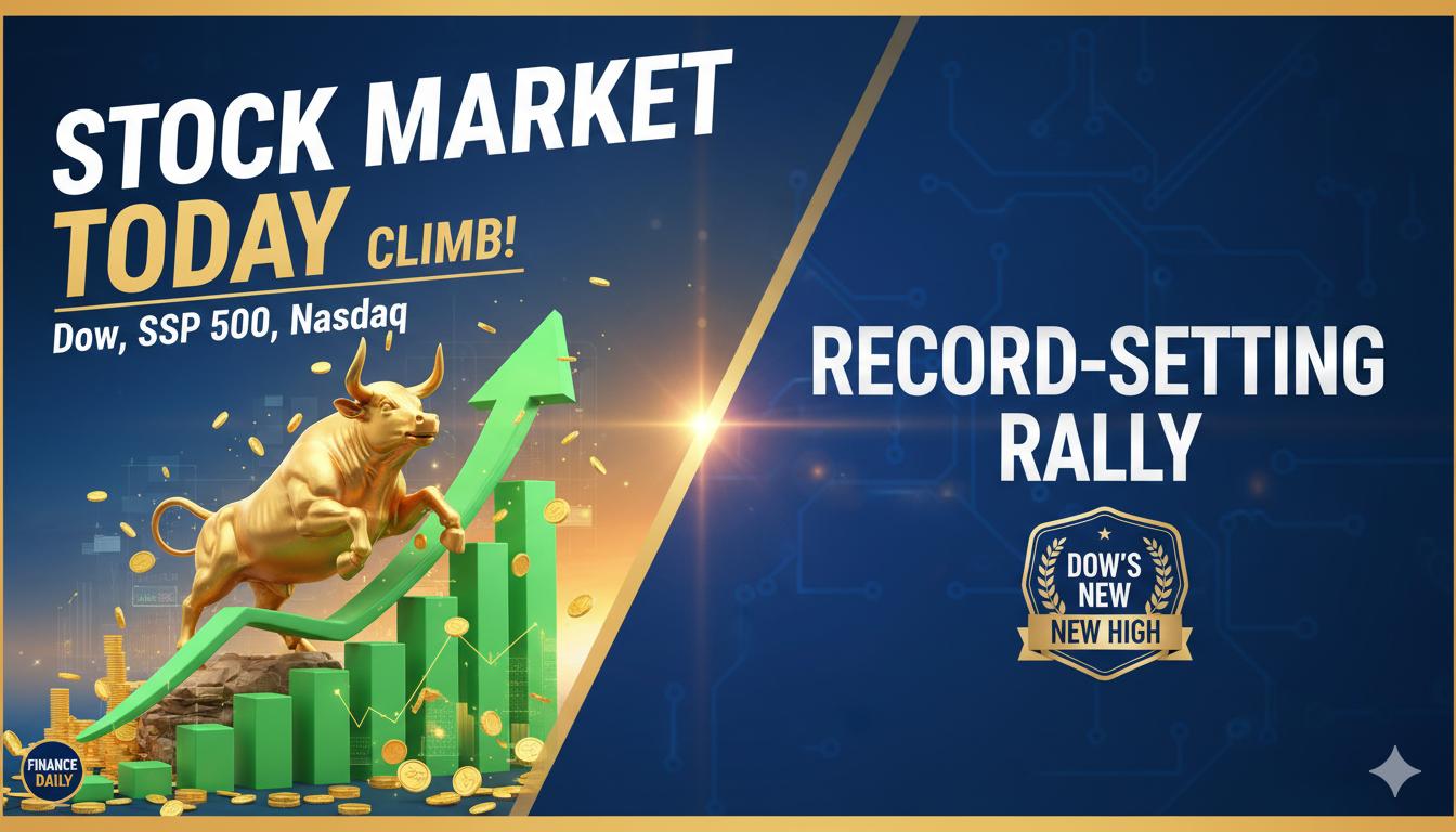 A bustling New York Stock Exchange trading floor with traders focused on screens displaying rising stock charts and index tickers in green.