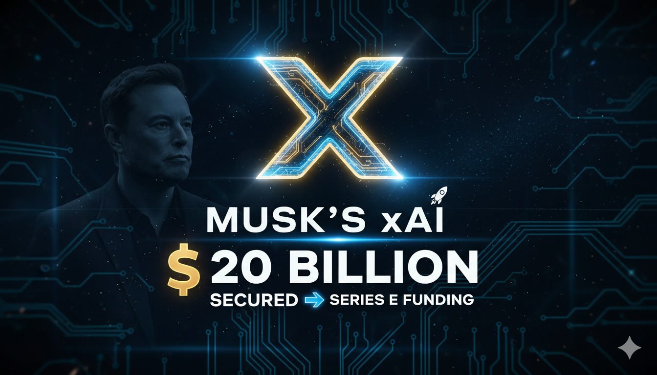 Elon Musk speaking at a podium with xAI logo in background during funding announcement