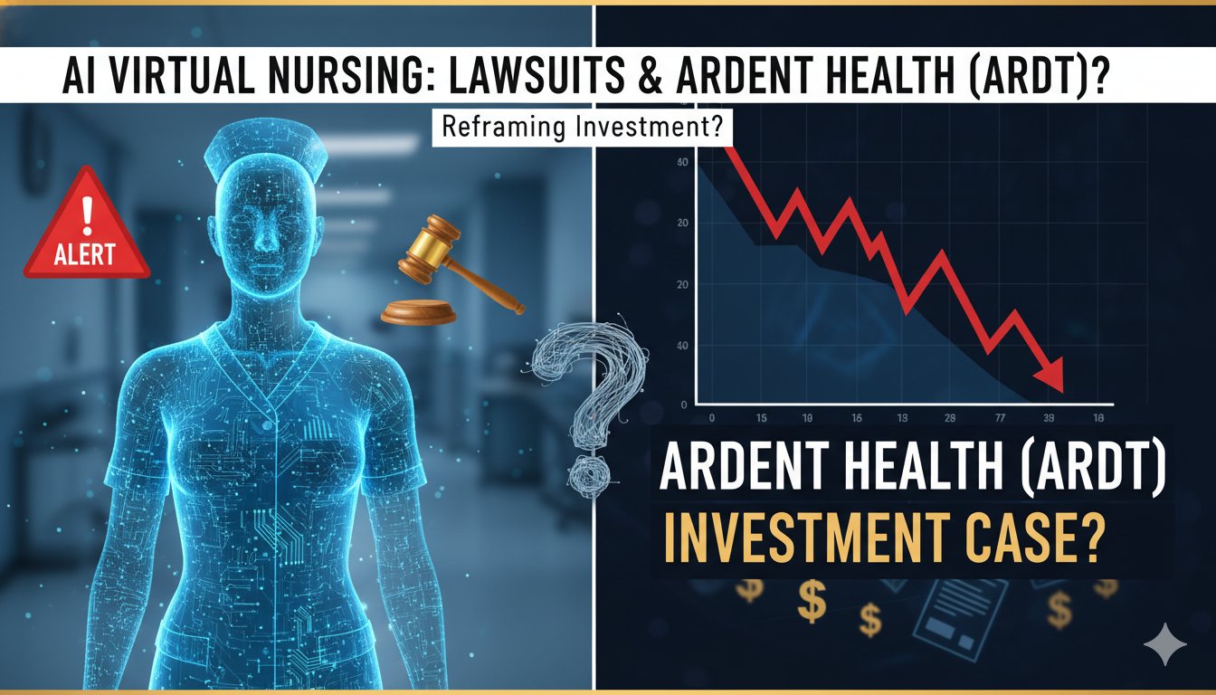 Stock chart and AI healthcare technology overlay representing Ardent Health (ARDT) amid virtual nursing advancements and legal challenges