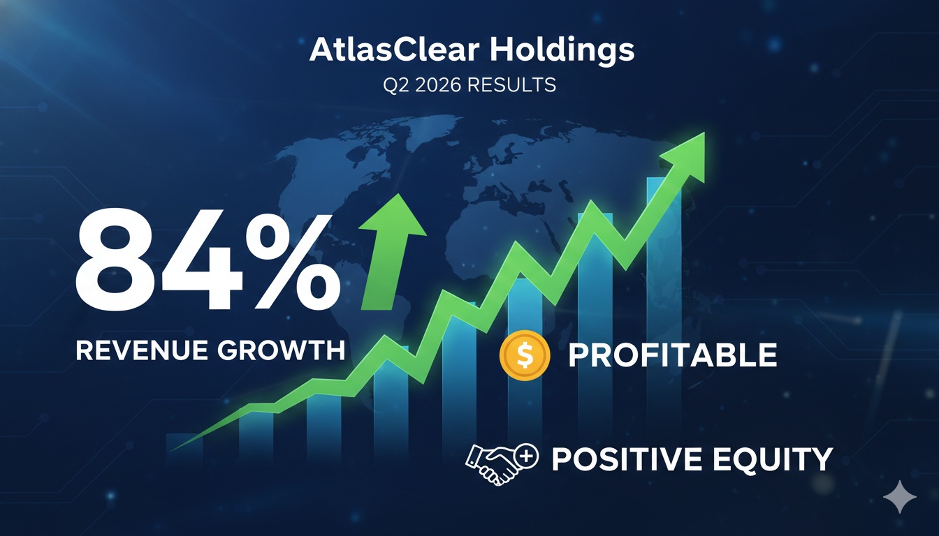 AtlasClear Holdings financial results chart showing revenue growth and positive equity turnaround for Q2 2026