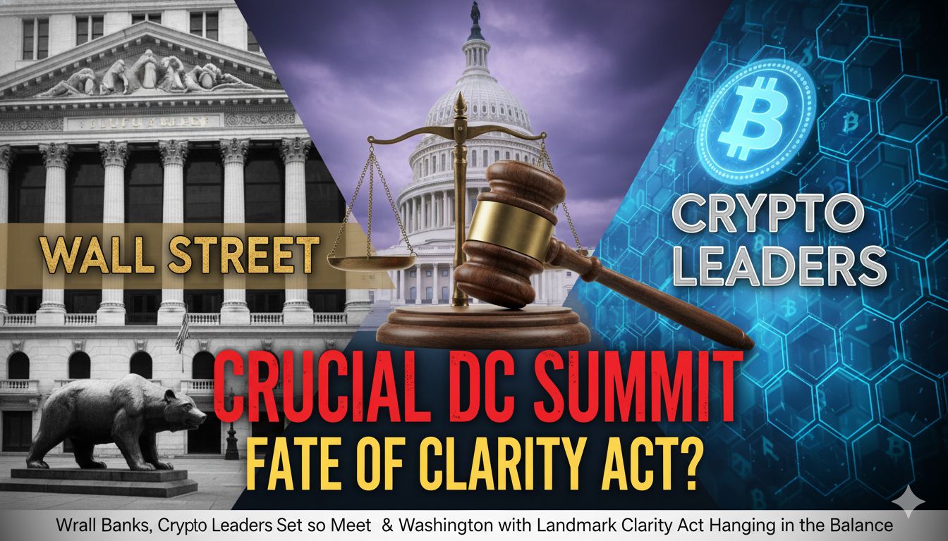 Washington DC Capitol building with overlay of cryptocurrency symbols and banking icons representing regulatory discussions.