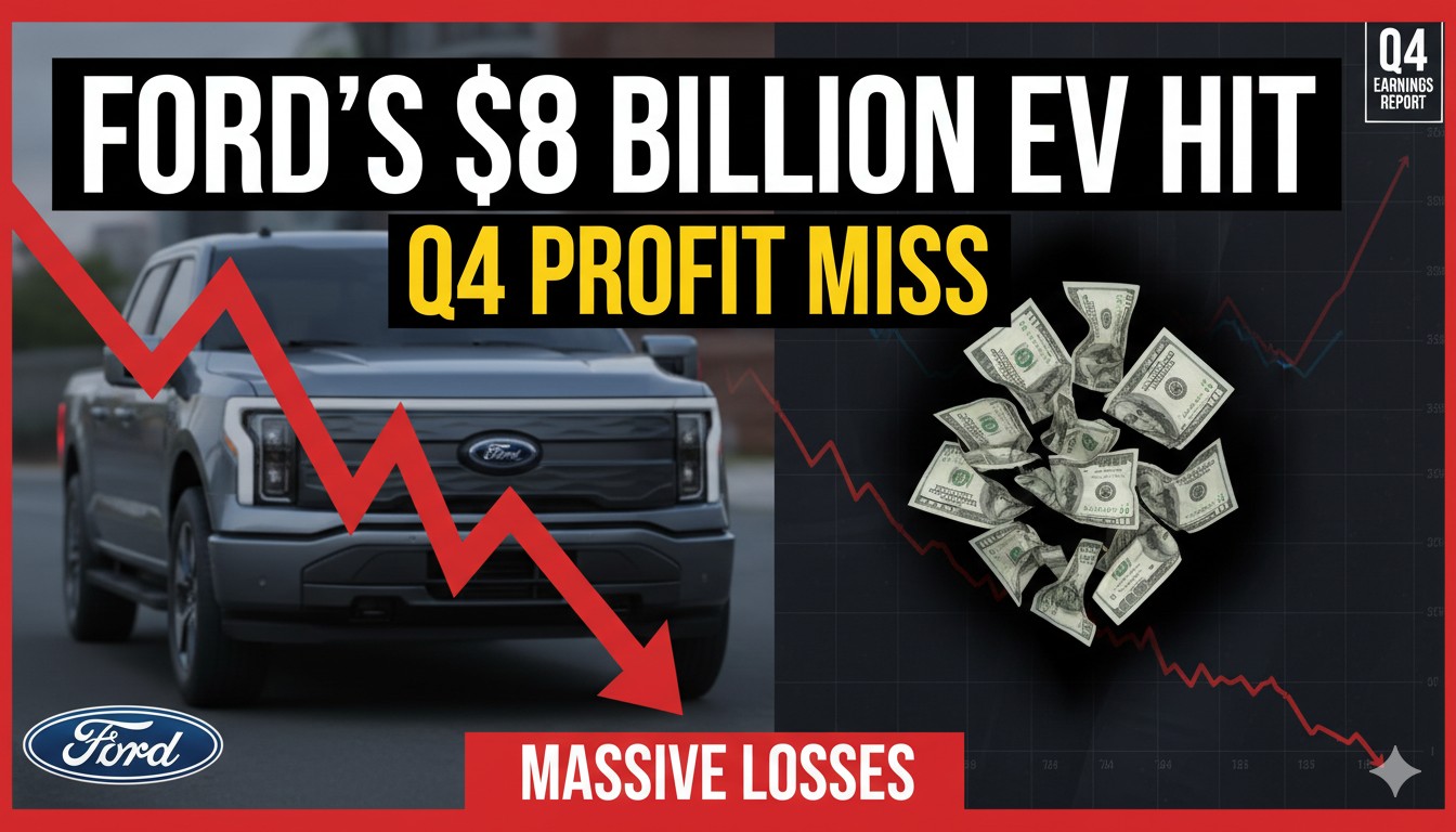 Ford Motor Company headquarters building with American flag and company logo under overcast sky, representing recent financial earnings report