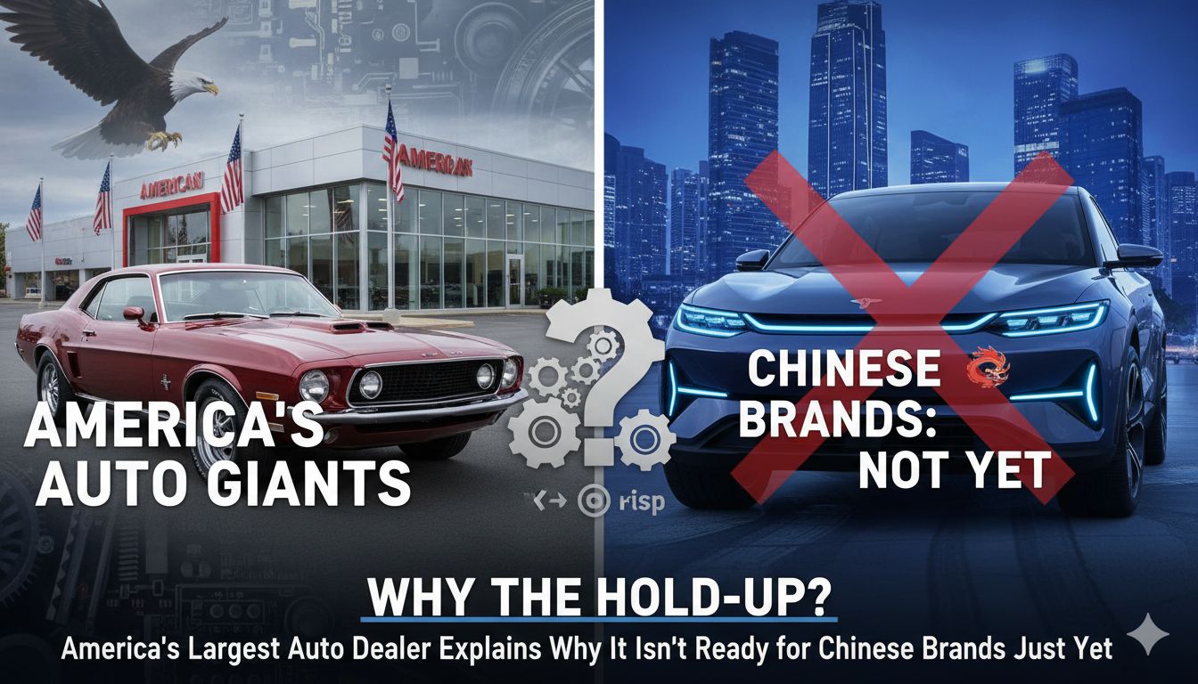 Lithia Motors dealership exterior with various car brands on display, representing the largest US auto dealer group evaluating Chinese vehicle entry.