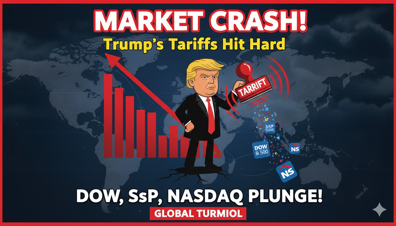 U.S. stock market indexes declining on trading floor display screens amid Trump tariff announcements