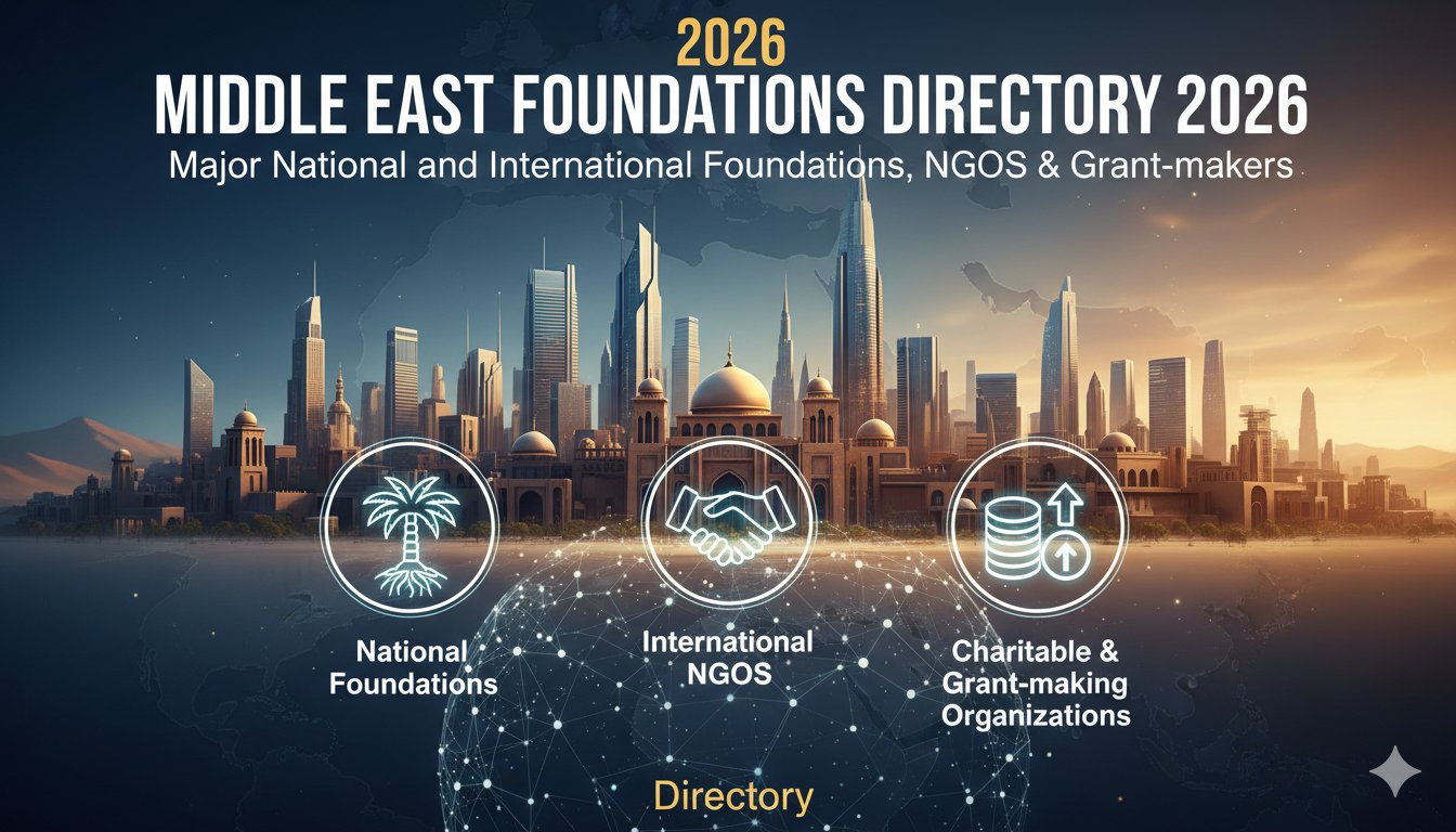 Collage of logos from major Middle East philanthropic foundations including Qatar Foundation, MBRGI, and KSrelief against a regional map background