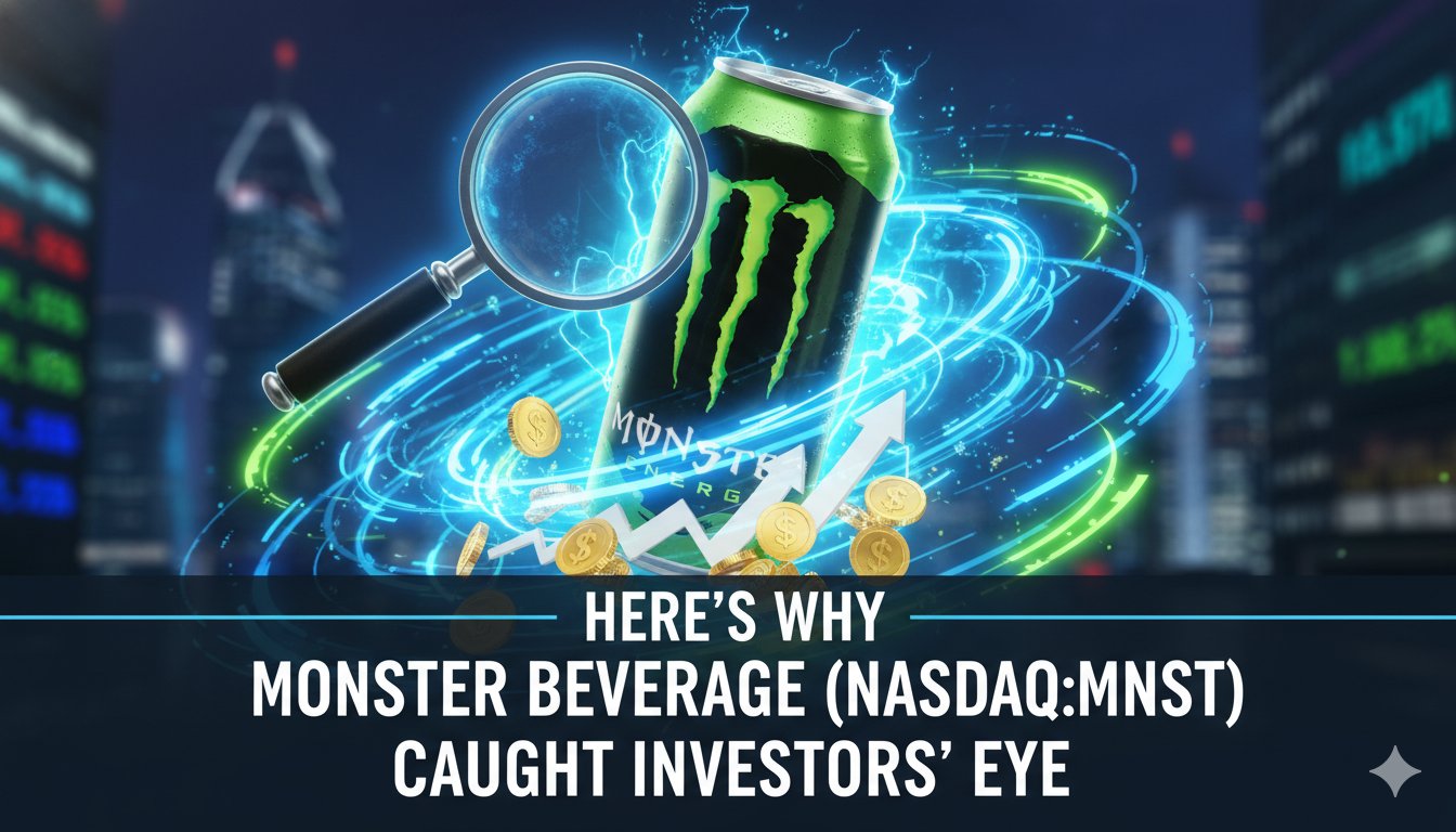 Monster Beverage NASDAQ:MNST stock chart showing upward trend with energy drink cans in background