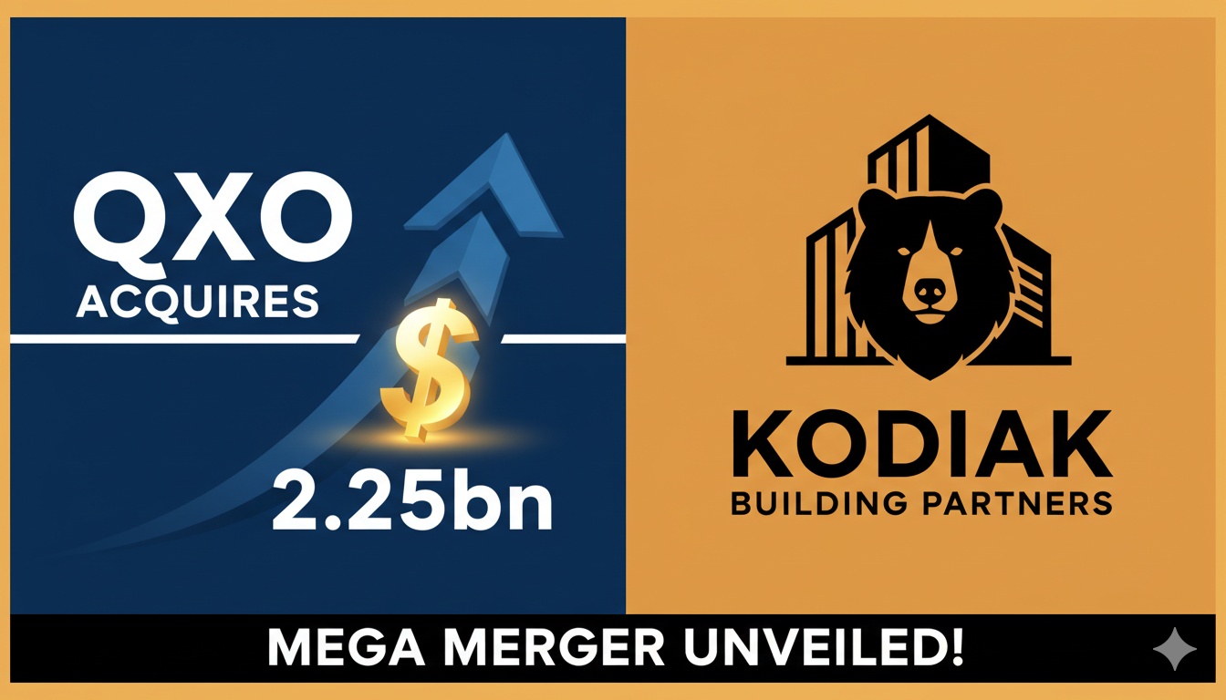QXO logo and Kodiak Building Partners sign merging in a business acquisition graphic representing the $2.25 billion deal in building products distribution.