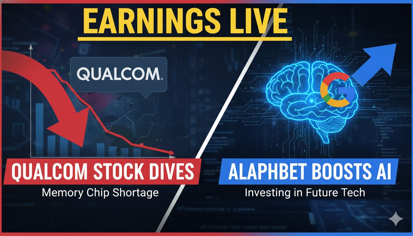 Stock charts displaying Qualcomm's share price decline alongside Alphabet's AI infrastructure icons