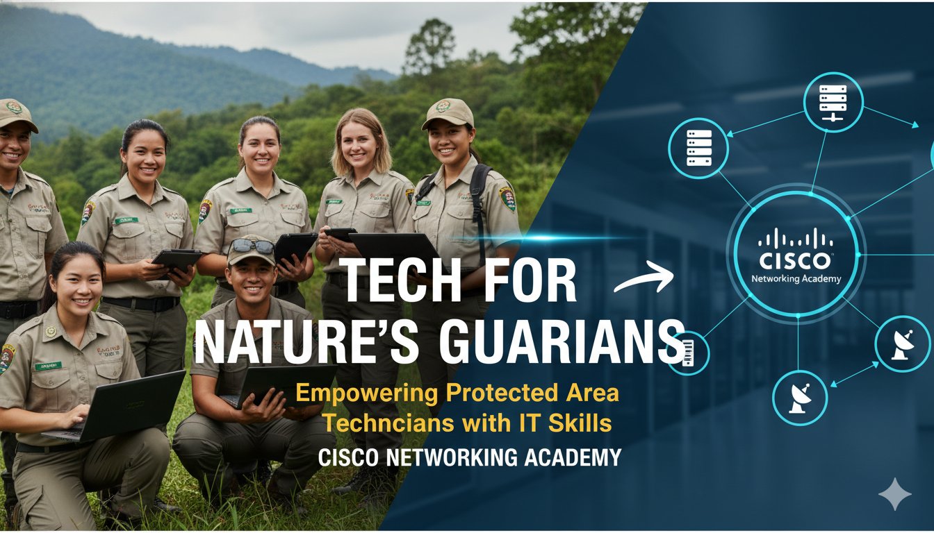 Group of technicians in a wildlife reserve learning networking skills on laptops surrounded by nature