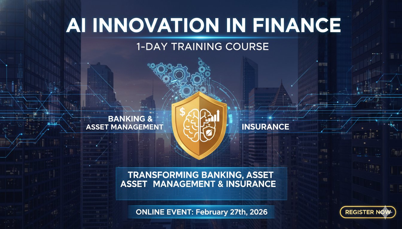Alt Text for featured image : Online training course banner for 1-Day AI Innovation in Banking & Finance, showing digital AI elements transforming bank, investment, and insurance icons