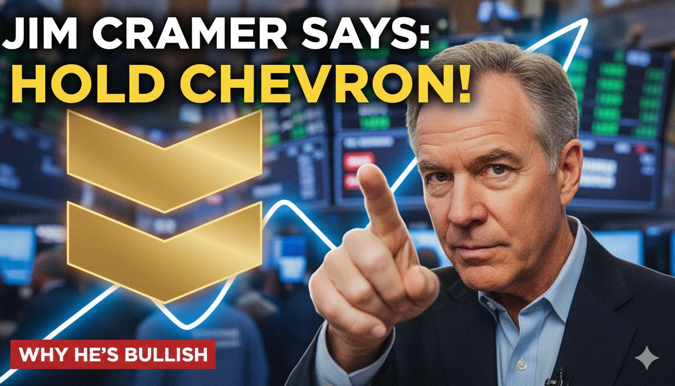 Alt Text for featured image : Jim Cramer discussing Chevron stock on Mad Money with Chevron logo and oil rig background