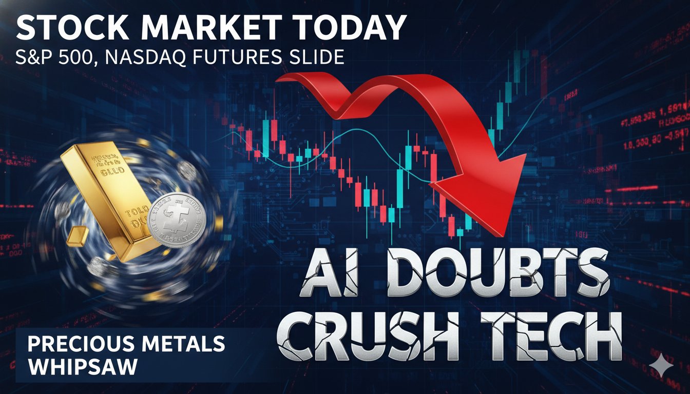 A downward-trending stock chart overlayed with AI circuit patterns and fluctuating metal bars, representing market slides amid tech doubts and commodity swings.