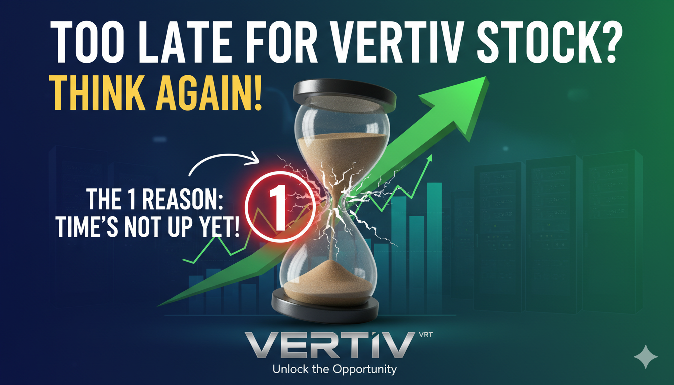 Vertiv Holdings stock chart showing upward trend with AI data center icons in background