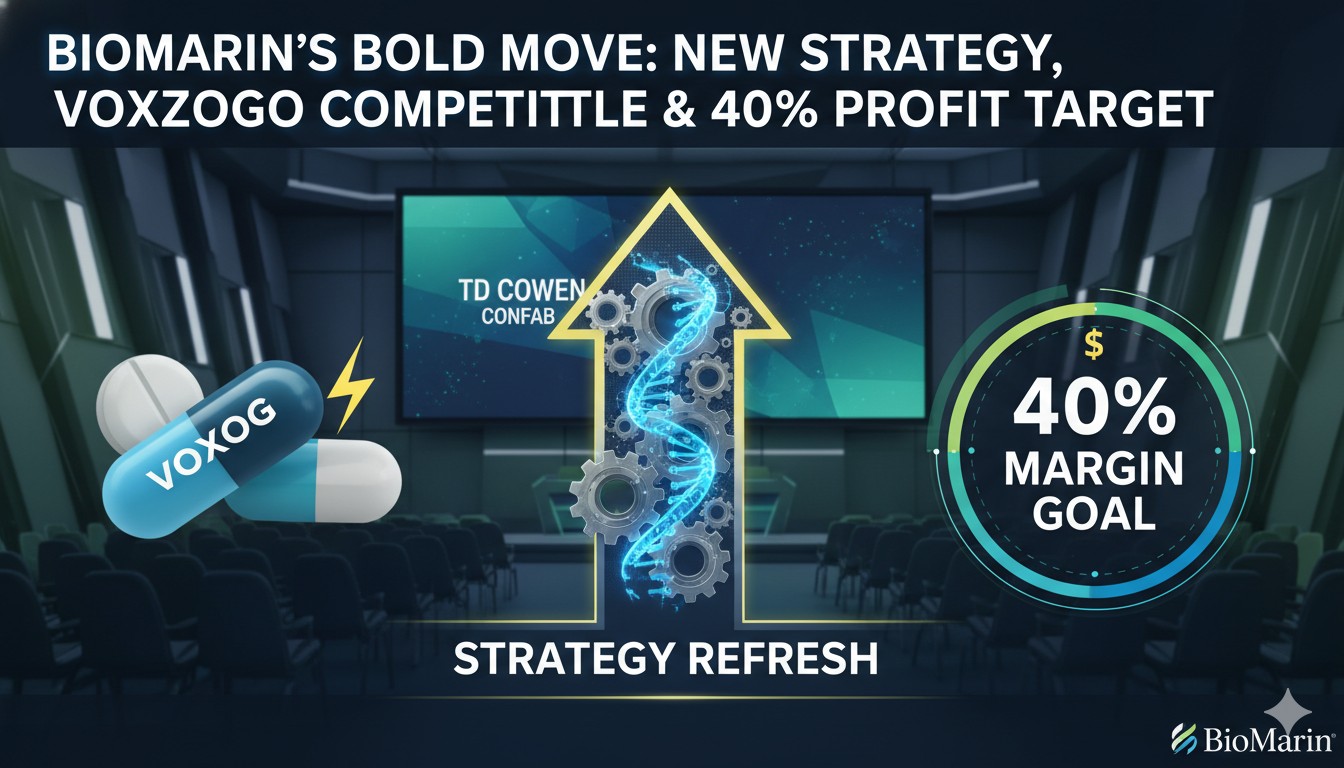 BioMarin Pharmaceutical executives presenting at a healthcare conference podium, discussing strategy and financial goals.