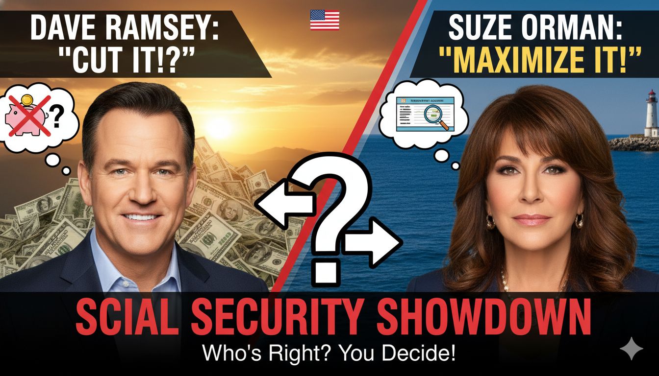 Illustration comparing Dave Ramsey and Suze Orman debating Social Security claiming ages with charts showing early vs delayed benefits