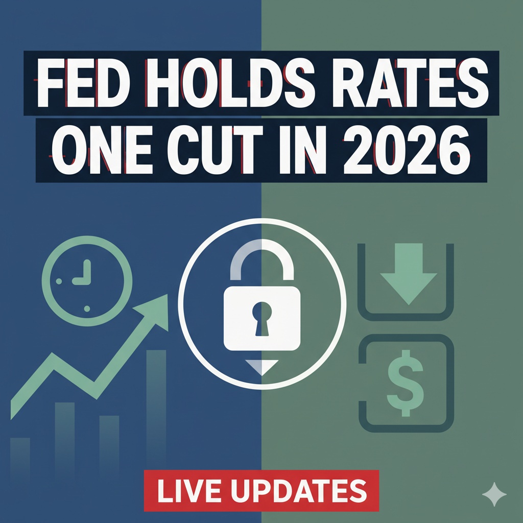 Federal Reserve building exterior with American flag and economic charts overlay representing interest rate decision