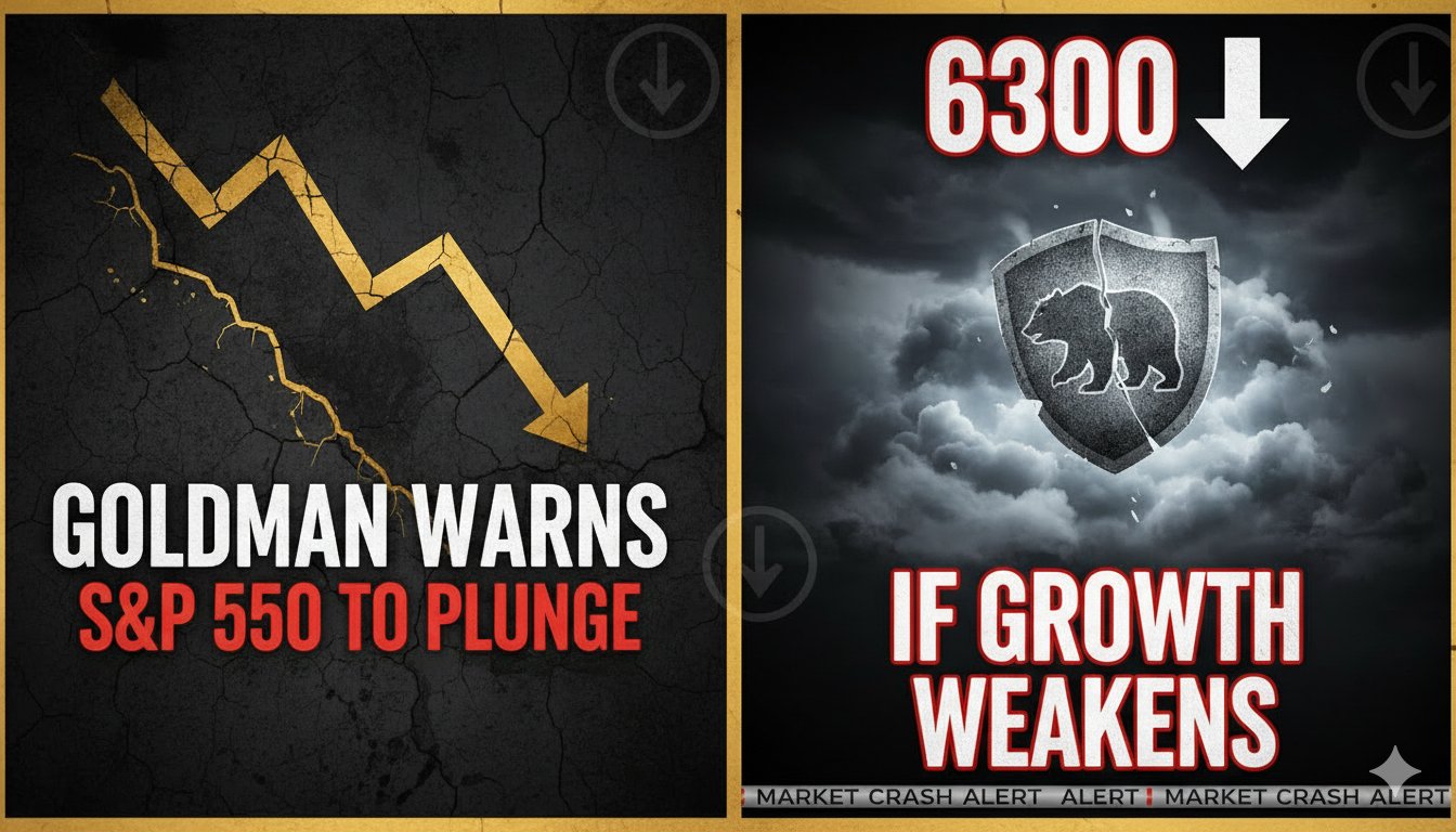 Chart showing S&P 500 index level with downward arrow indicating potential decline to 6300 amid growth concerns, as warned by Goldman Sachs