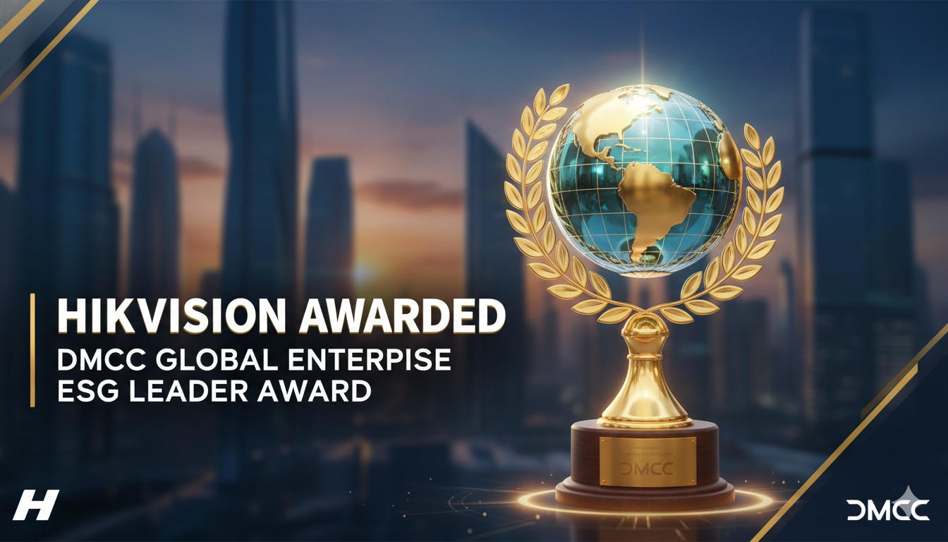 Hikvision logo with DMCC Global Enterprise ESG Leader Award trophy symbolizing sustainability recognition