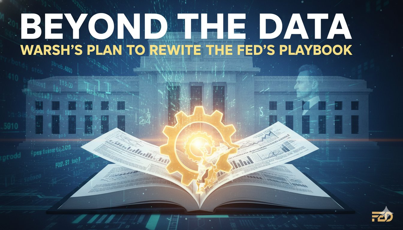 Kevin Warsh speaking at a podium during a financial policy discussion, representing his vision for Federal Reserve reforms.