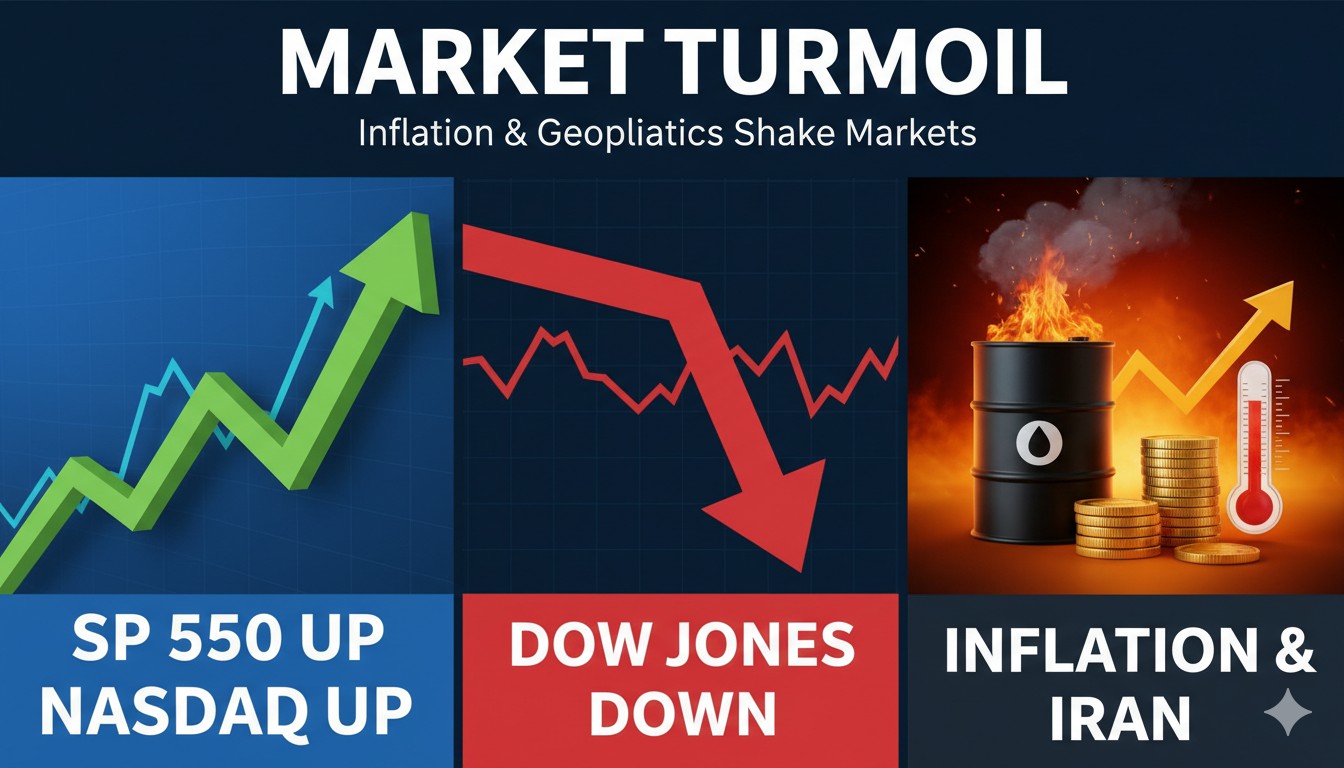 U.S. stock market indexes display with S&P 500 and Nasdaq showing slight gains while Dow declines on trading floor background
