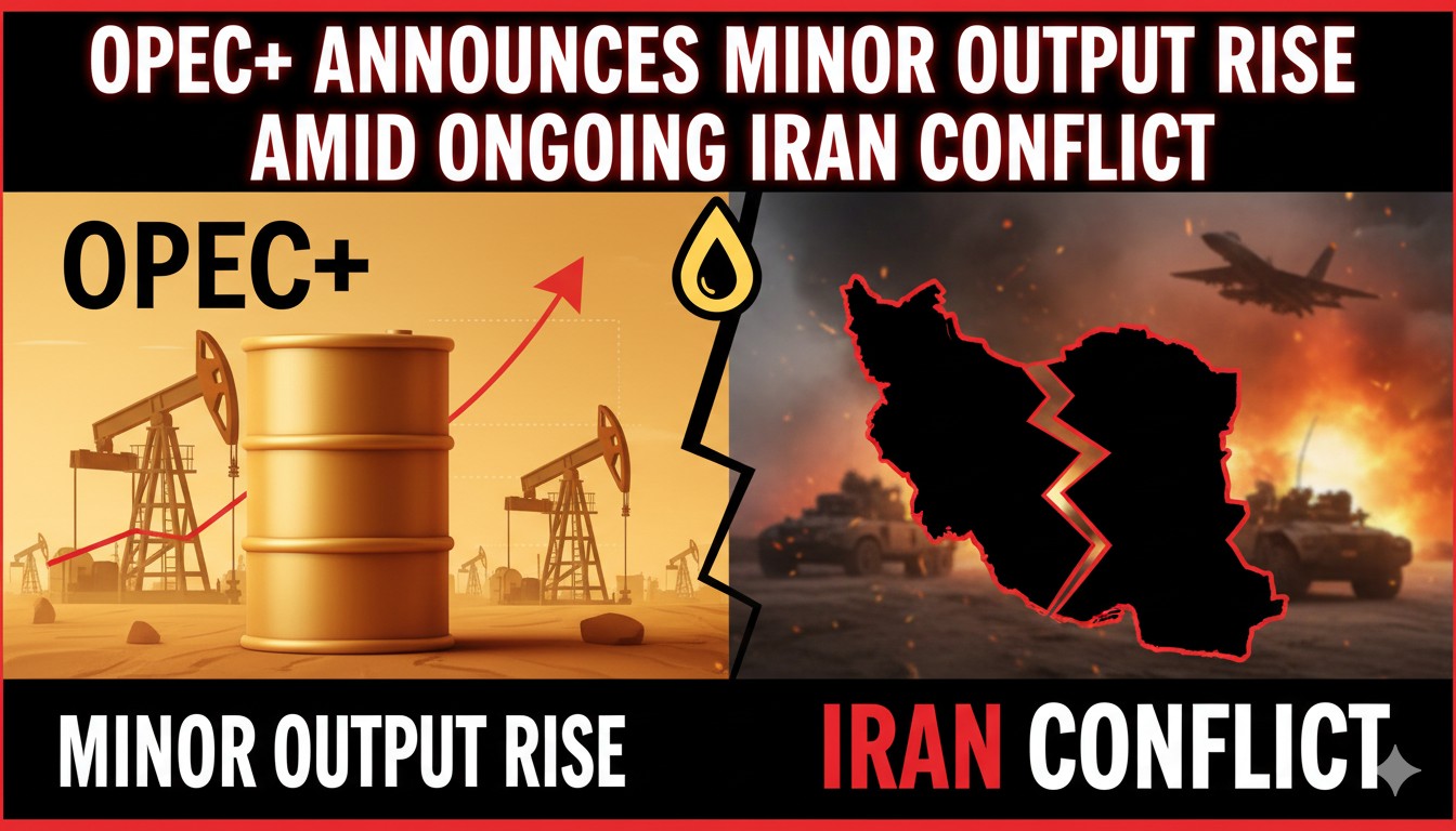 OPEC+ oil ministers in a virtual meeting discussing production levels against backdrop of Middle East map highlighting Strait of Hormuz