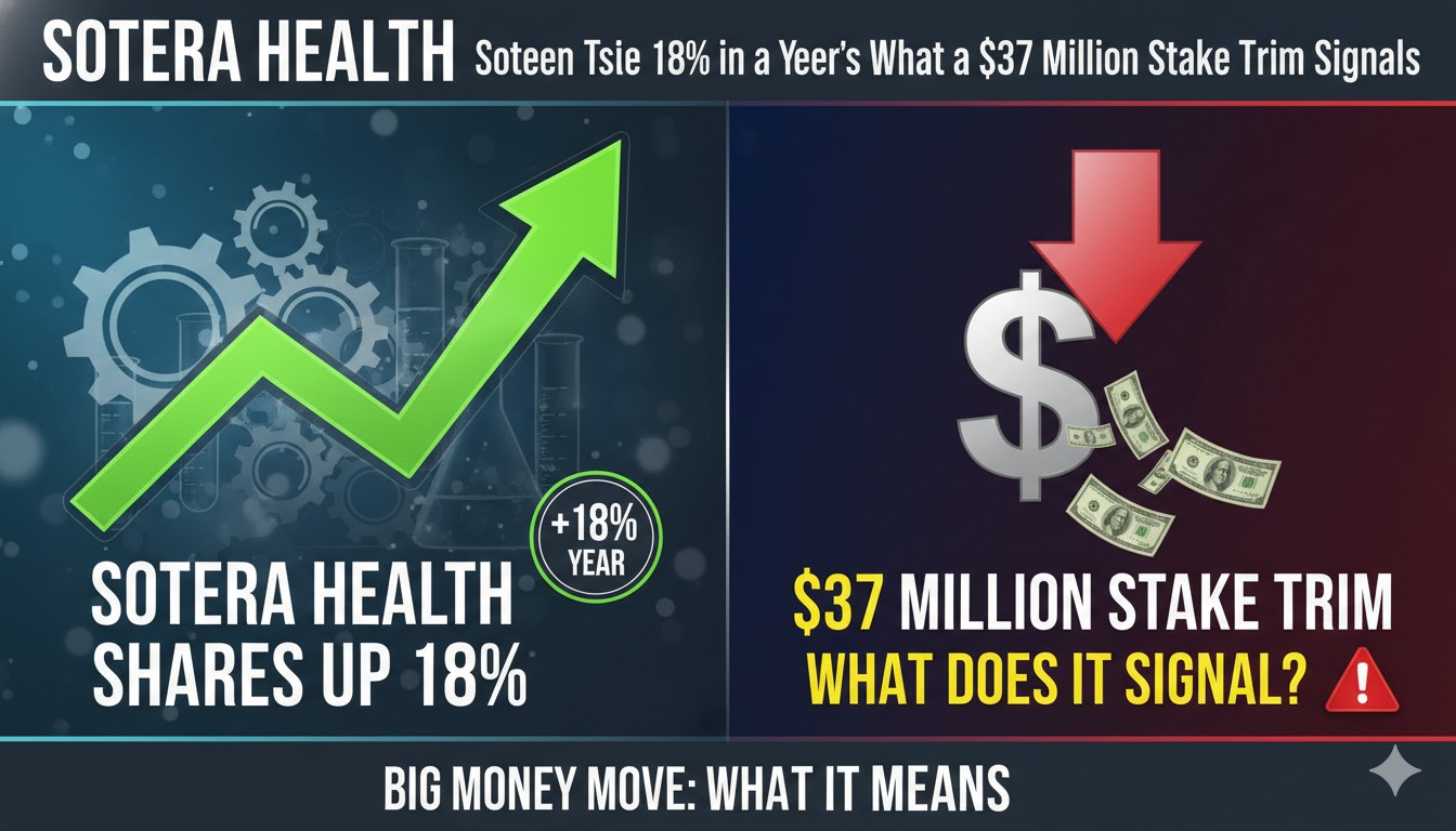 Chart showing Sotera Health (SHC) stock price trend over the past year with an 18% rise highlighted alongside a visual indicator of a major stake trim transaction.