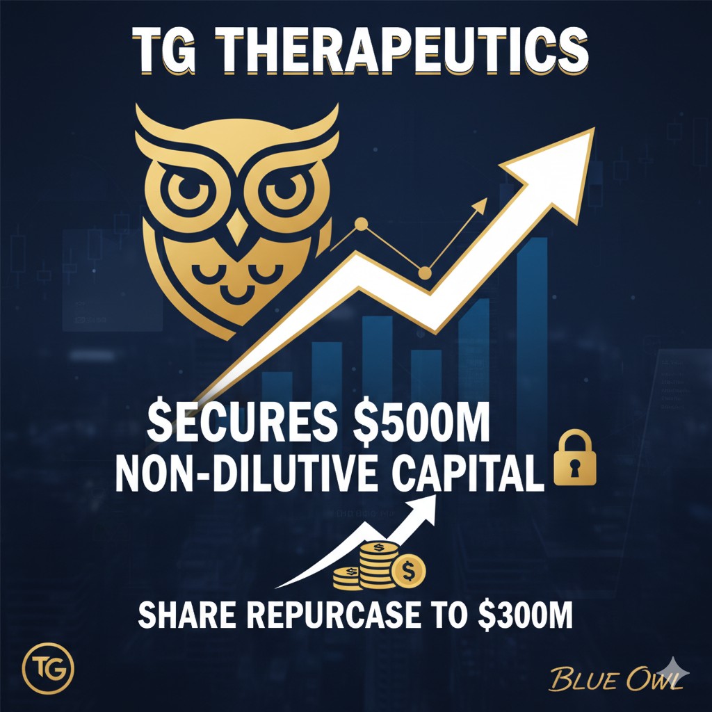 Alt Text for featured image : TG Therapeutics corporate logo with financial growth charts and Blue Owl Capital partnership symbolizing $500 million non-dilutive capital and expanded share repurchase program